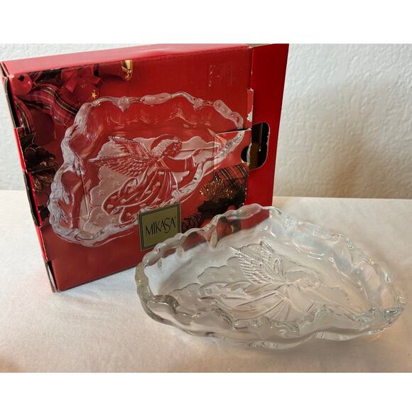 Mikasa Crystal Frosted Glass "Angel Music" Dish Germany 7.75” Christmas - Picture 1 of 6
